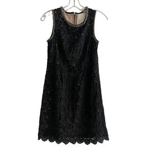 Champagne & Strawberry Black Lace Sleeveless Sheath Dress Brass Chain Accents M